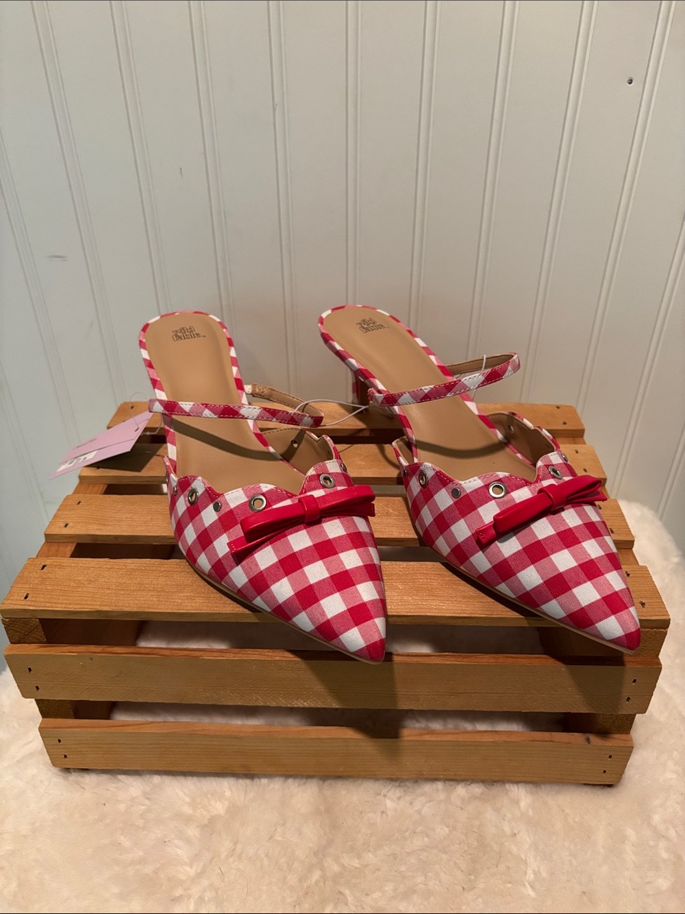 NWT wild fable Lysandra Red & White Gingham Pointed-Toe Slide Mules with Bow 11